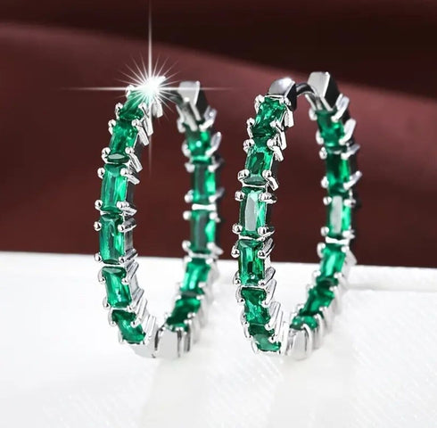 14K White Gold Plated Unique Green Baguette Cubic Zirconia Women Hoop Earrings